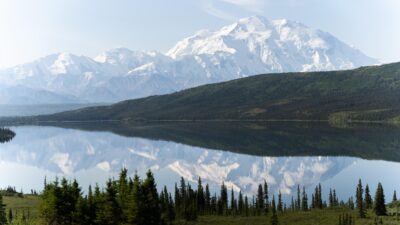 Denali reflection in lake in Alaska