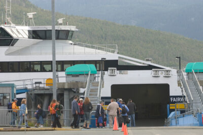 People boarding ferry in Haines, Alaska